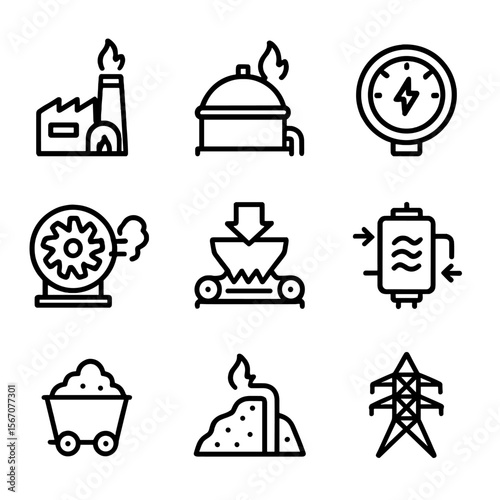 Waste-to-Energy Icon Set. Outline icon set of waste-to-energy and resource recovery: incinerator plant, biogas digester, energy