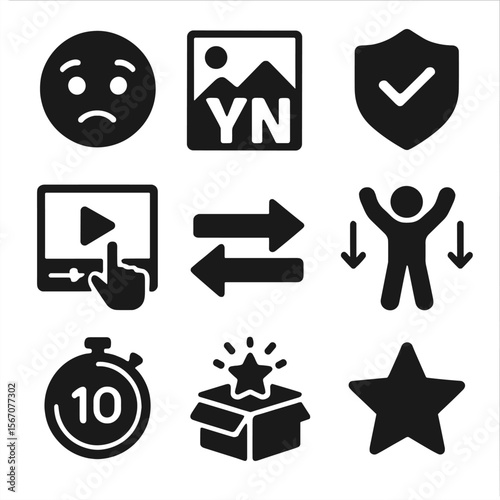 Content Trends Icons. Solid, filled icons set of content trends and topics: reaction face, meme overlay,