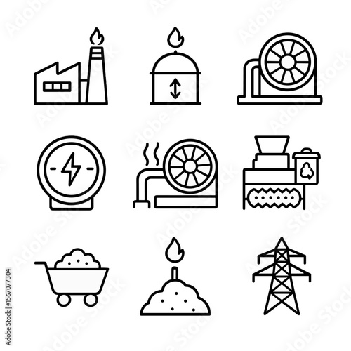 Waste-to-Energy Icon Set. Outline icon set of waste-to-energy and resource recovery: incinerator plant, biogas digester, energy