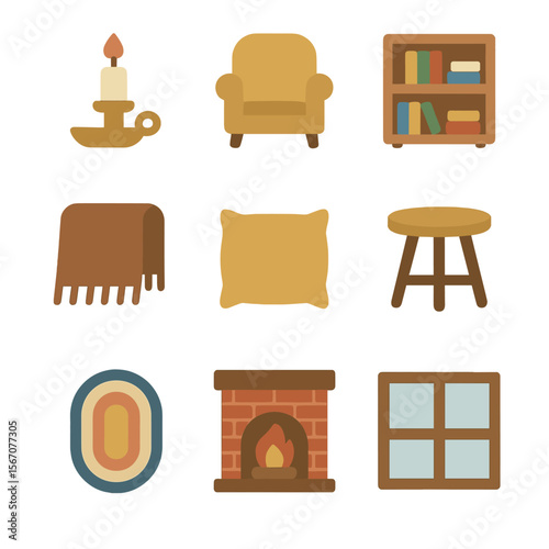 Cozy Reading Nook Icons. Flat icon set of reading nook ambiance: candle holder, armchair, bookshelf, throw blanket, cushion, side