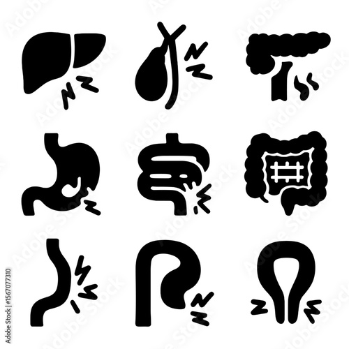 Digestive Discomfort Icons. Solid, filled icon set of digestive organ discomfort: liver pain, gallbladder ache, pancreas
