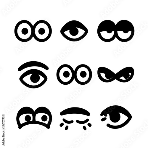 Eye Gestures Icons. Solid, filled icon set of expressive eye gestures: wide eyes, wink, squint, raised brow, eye roll, narrowed