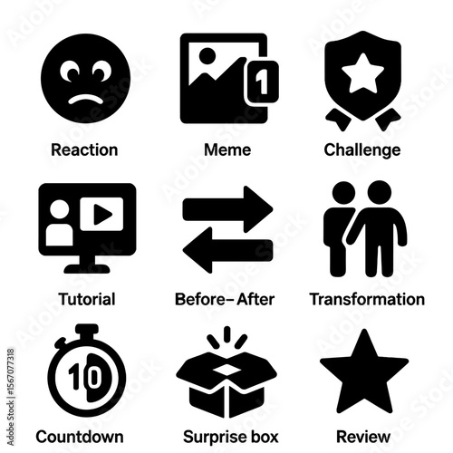 Content Trends Icons. Solid, filled icons set of content trends and topics: reaction face, meme overlay,