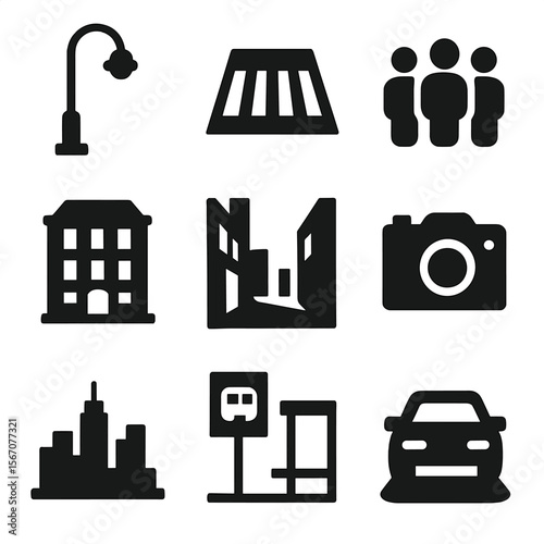 Street Photography Icons. Solid, filled icon set of street photography: streetlight, crosswalk, crowd, building facade, alley view