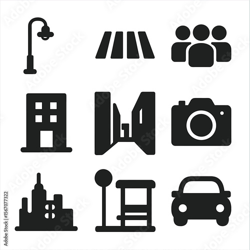 Street Photography Icons. Solid, filled icon set of street photography: streetlight, crosswalk, crowd, building facade, alley view