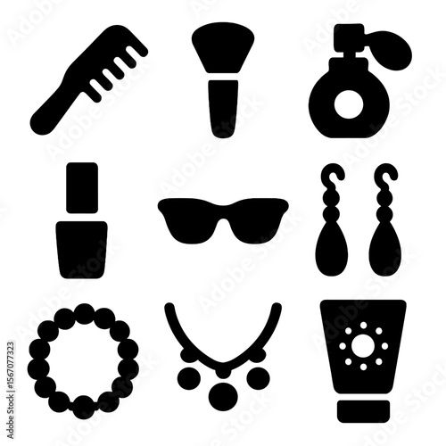 Stylish Icon Grid. Solid, filled icon set of model grooming and style: hairbrush, makeup brush, perfume, nail polish, sunglasses,