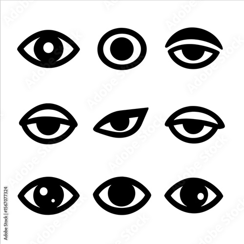 Eye Shape Icon Grid. Solid, filled icon set of eye details and shapes: almond eye, round eye, hooded eye, droopy eye, sharp eye,