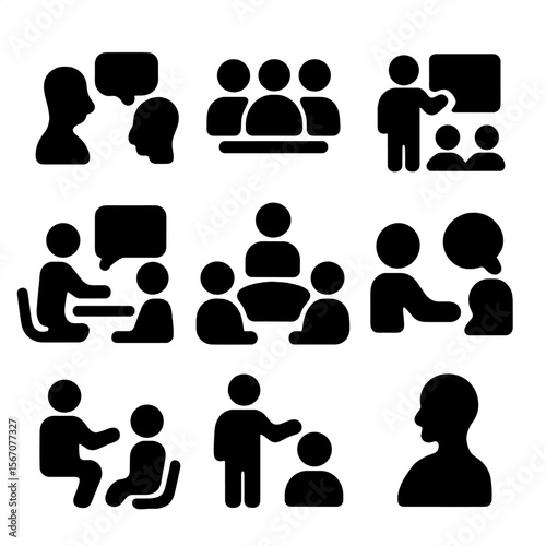Dialogue Participants Icons. Solid, filled icon set of dialogue participants: two people talking, group discussion, presenter,