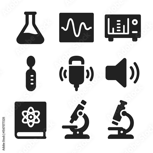 Scientific Icon Grid. Solid, filled icons set of scientific sound exploration: lab flask, wave chart,