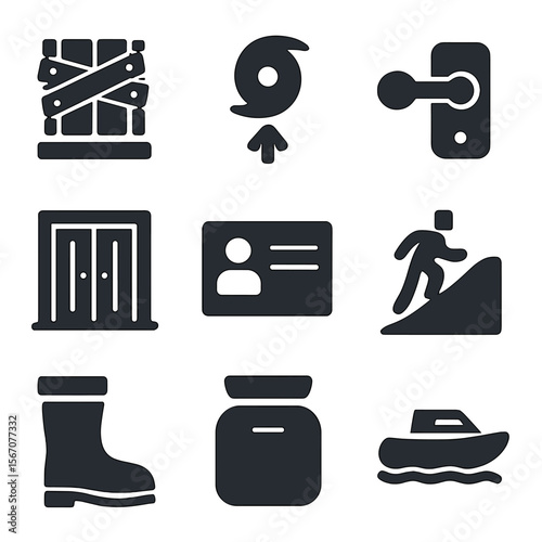 Hurricane Safety Icon Set. Solid, filled icon set of hurricane safety measures: boarded window, evacuation sign, windproof latch,