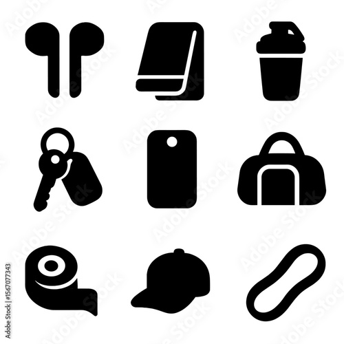 Stylish Gym Icons. Solid, filled icon set of stylish gym accessories: wireless earbuds, sweat towel, shaker bottle, locker