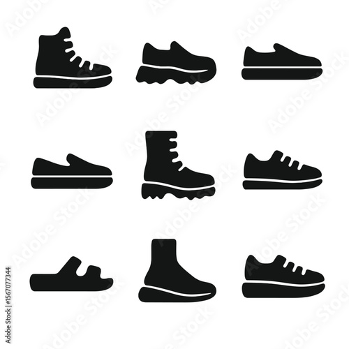 Stylish Footwear Icons. Solid, filled icon set of urban footwear styles: high-top sneakers, chunky soles, skate shoes, slip-ons,