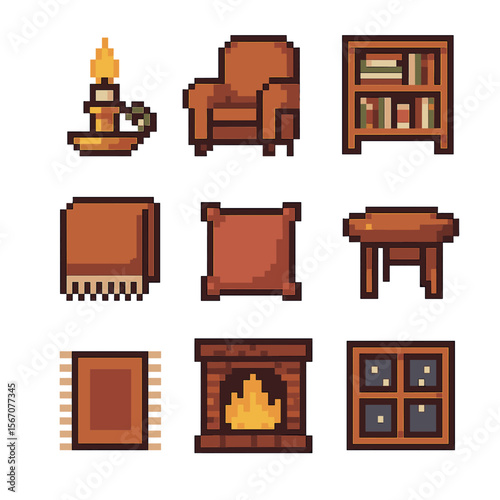 Cozy Reading Nook. Pixel art icon set of reading nook ambiance: candle holder, armchair, bookshelf, throw blanket, cushion, side