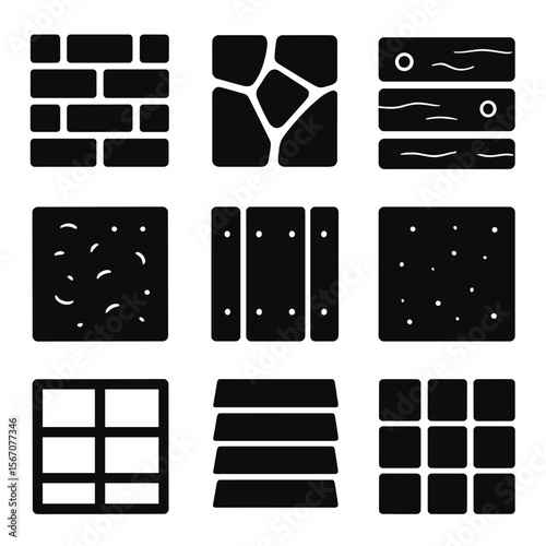 Facade Material Icons. Solid, filled icon set of facade materials: brick wall, stone tiles, wood planks, stucco, metal panels,