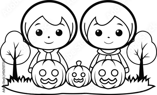 cute kids carving pumpkins  add grass and a tree   (1).eps