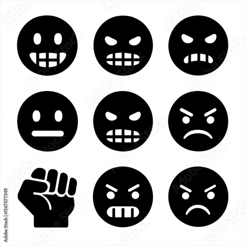 Facial Expression Icons. Solid, filled icon set of facial expressions with clenched teeth: clenched teeth smile, scowl, grimace,
