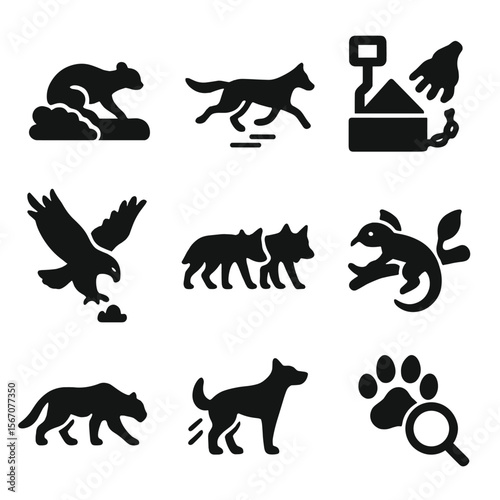 Hunting Techniques Icons. Solid, filled icon set of hunting techniques: ambush, chase, trap, dive attack, pack hunting, camouflage