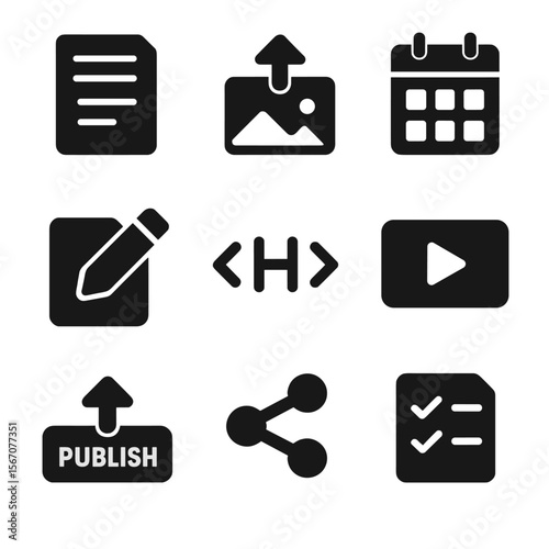 Content Workflow Icons. Solid, filled icons set of content marketing workflows: blog post, image upload,