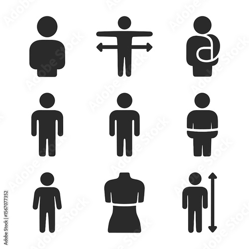 Human Body Proportion Icons. Solid, filled icon set of human body proportions: head-to-body ratio, golden ratio, arm span,
