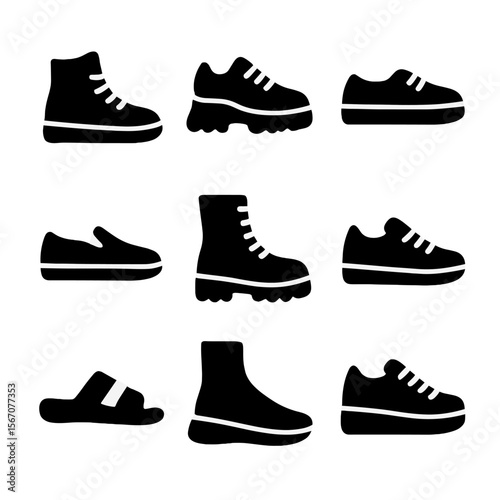 Stylish Footwear Icons. Solid, filled icon set of urban footwear styles: high-top sneakers, chunky soles, skate shoes, slip-ons,