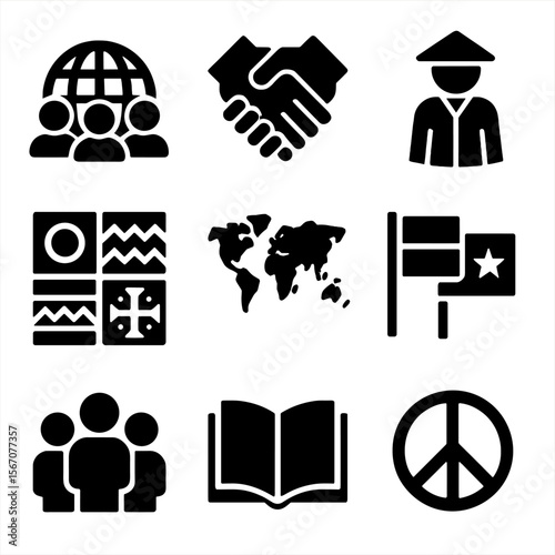 Diversity Icon Set. Solid, filled icon set of racial and cultural diversity: globe with people, interlocking hands, cultural dress