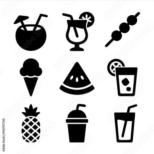 Summer Drink Icons. Solid, filled icon set of summer drinks and snacks: coconut drink, tropical cocktail, fruit skewer, ice cream
