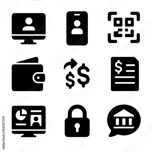 Digital Banking Icons. Solid, filled icon set of digital banking services: online login, mobile app, QR code scan, digital wallet,
