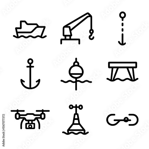Wave Energy Icons. Outline icon set of wave energy deployment and installation: installation vessel, crane arm, mooring line,
