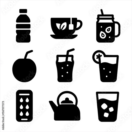 Hydration Icons Grid. Solid, filled icon set of hydration and clean drinks: water bottle, herbal tea, infused water jar, coconut