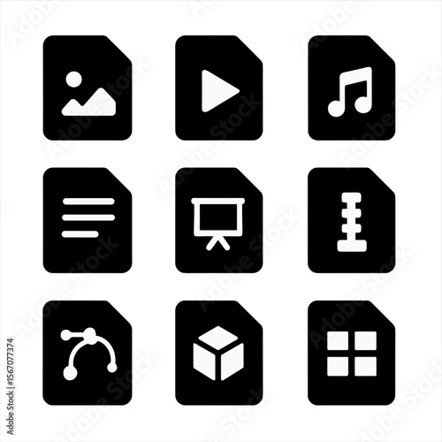 Digital Asset Icons. Solid, filled icon set of digital asset types: image file, video file, audio file, document file,