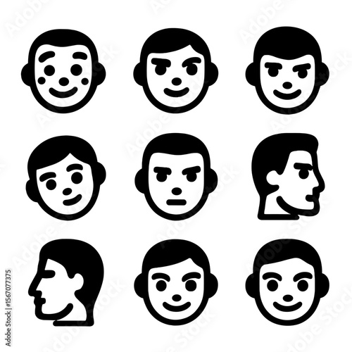 Facial Confidence Icons. Solid, filled icon set of facial confidence cues: raised eyebrows, glowing cheeks, bold eyes, slight