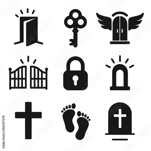 Divine Invitation Icons. Solid, filled icon set of divine invitation: glowing entrance, heavenly key, wings over door, welcoming
