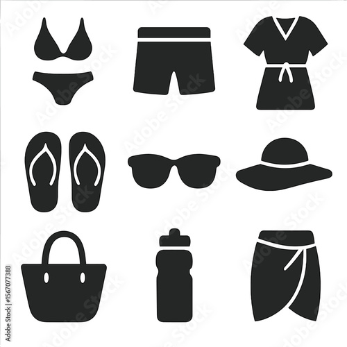 Summer Swimwear Icons. Solid, filled icon set of summer swimwear and fashion: bikini, swim trunks, cover-up dress, flip flops,