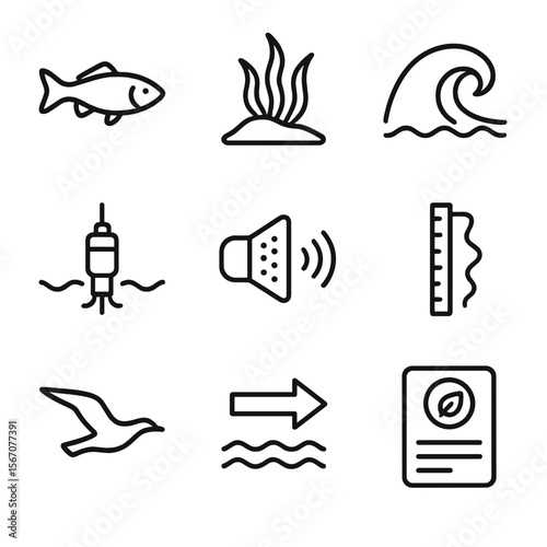 Wave Energy Icons. Outline icon set of environmental interactions of wave energy: marine life silhouette, seabed habitat, wave