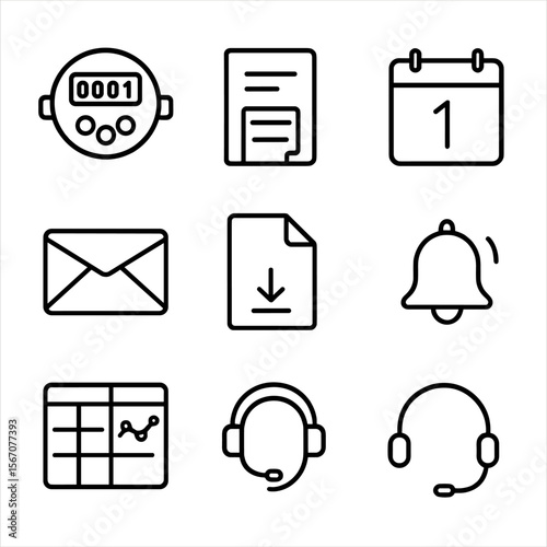 Water Meter Icon Set. Outline icon set of water meter reading and billing: water meter dial, bill invoice document, due date