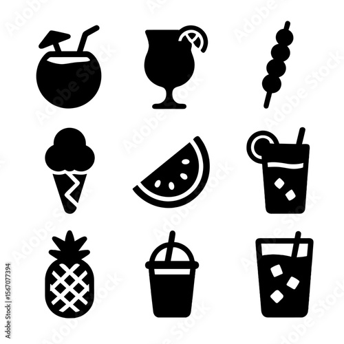 Summer Drink Icons. Solid, filled icon set of summer drinks and snacks: coconut drink, tropical cocktail, fruit skewer, ice cream