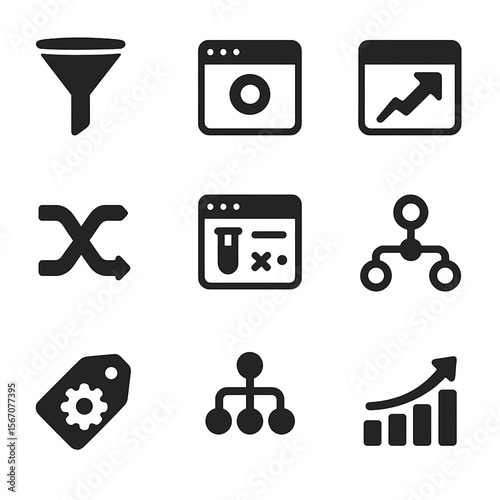 Conversion Rate Icons. Solid, filled icons set of conversion rate optimization tools: funnel icon, CTA heat
