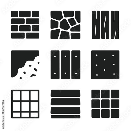 Facade Material Icons. Solid, filled icon set of facade materials: brick wall, stone tiles, wood planks, stucco, metal panels,