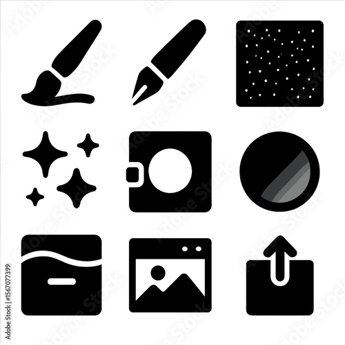 Digital Calligraphy Icons. Solid, filled icon set of digital calligraphy and gold effects: vector brush, digital pen, texture