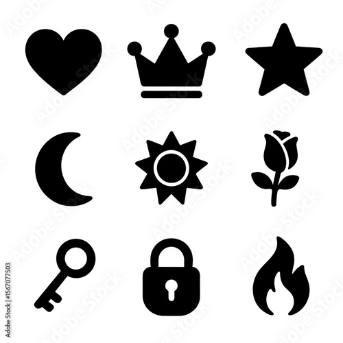 Fairy-Tale Icon Grid. Solid, filled icon set of fairy-tale symbolism: heart, crown, star, moon, sun, rose, key, lock, flame. Solid