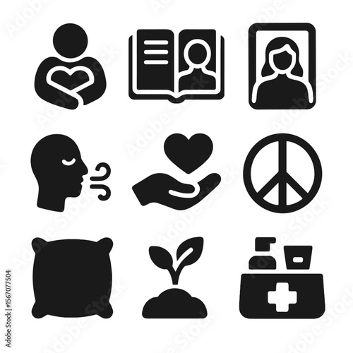 Self-Care Icon Set. Solid, filled icons set of self-compassion and self-acceptance practices: heart hug, open