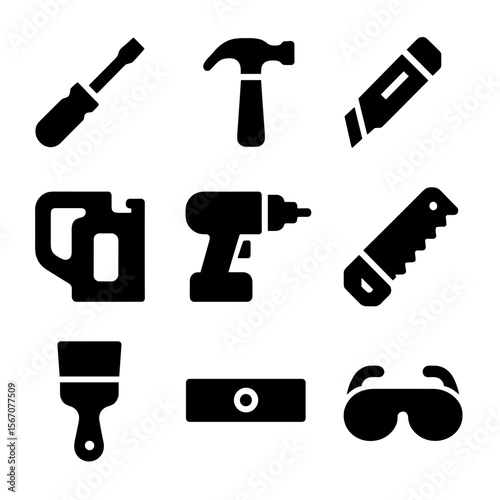 DIY Tools Icon Set. Solid, filled icon set of DIY acoustic panels tools: screwdriver, hammer, utility knife, staple gun, drill,