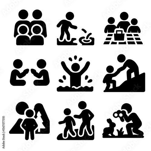 Family Activity Icons. Solid, filled icon set of family outdoor activities: group photo, skipping stones, picnic blanket, shared