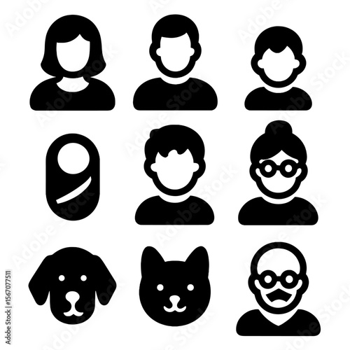 Family Icon Set. Solid, filled icon set of Family members icons: mother, father, child, baby, teenager, grandmother, grandfather,