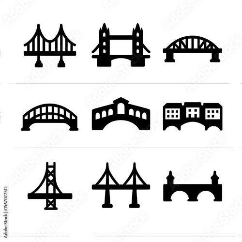 Iconic Bridges Icons. Solid, filled icon set of iconic bridges and landmarks: Golden Gate Bridge, Tower Bridge, Brooklyn Bridge,