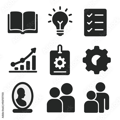 Self-Improvement Icons Grid. Solid, filled icons set of self-improvement after failure: open book, lightbulb