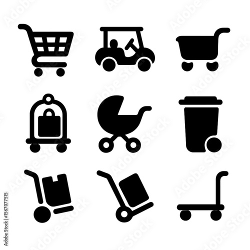 Iconic Carts Grid. Solid, filled icon set of modern wagons and carts: shopping cart, golf cart, utility cart, luggage cart, baby