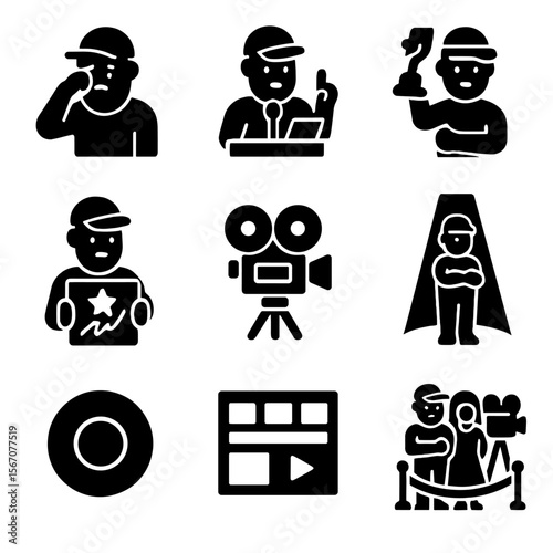 Iconic Director Moments. Solid, filled icon set of creative leadership: storyboard, vision board, team clapping, edit timeline,