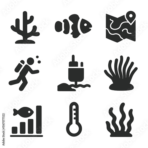 Coral Reef Icons. Solid, filled icons set of coral reef ecosystem study: coral icon, clownfish, reef map,