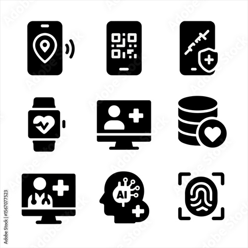 Digital Health Icons. Solid, filled icon set of digital health technologies: contact tracing app, health QR code, mobile vaccine